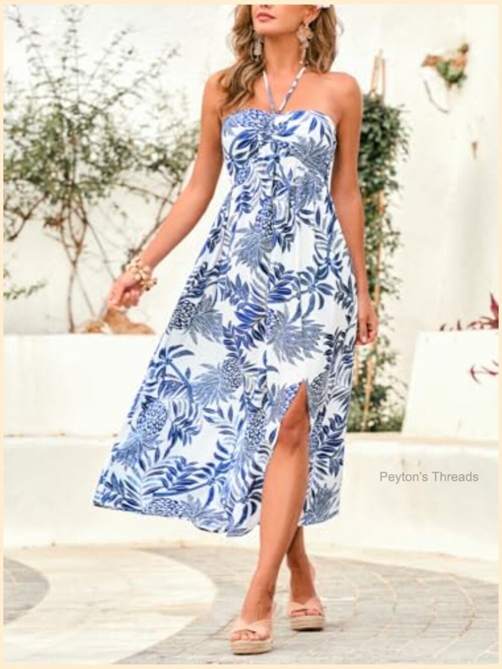 Halter Backless Sweetheart Midi Dress with Side Slit - Casual Beach Vacation - Picture 7 of 7